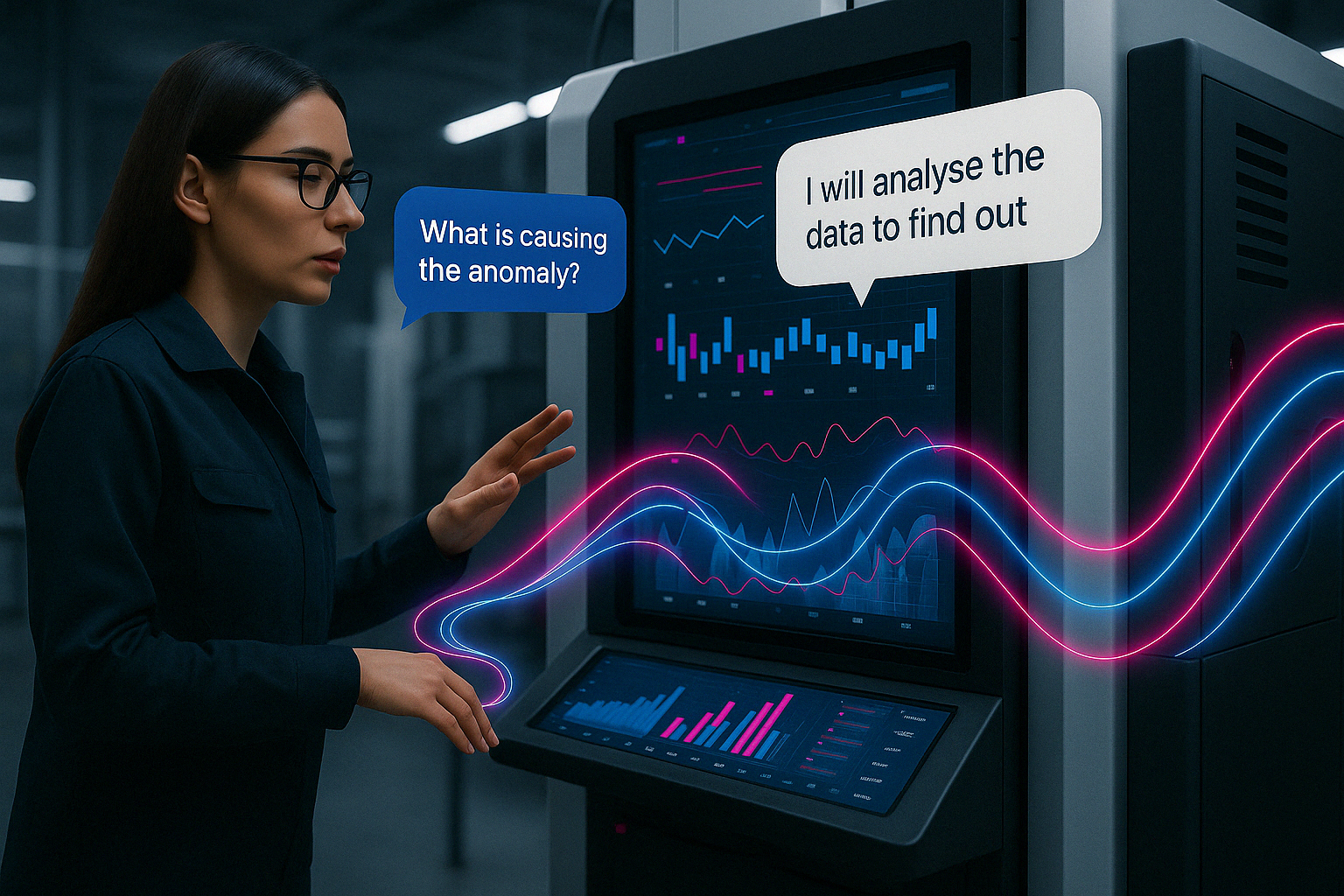 Operator asking NeuraCore what is causing an anomaly, with the AI analysing the data to find out